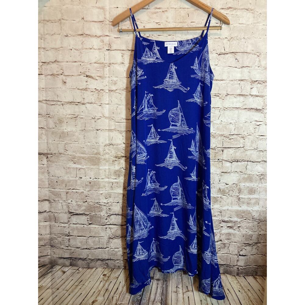 Antibes Blanc Midi Dress‎ Womens Small Cobalt Nautical Sailboat Print Asymmetric